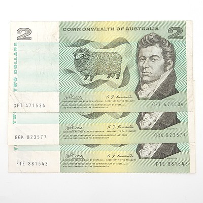Three Australian Phillips/ Randall $2 Paper Notes, FTE881543, GGK823577, GFT471534