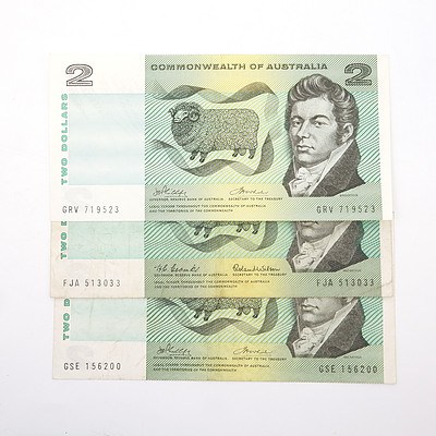 Three Australian $2 Paper Notes, Including Coombs/ Wilson FJA513033, Phillips/Wheeler GSE156200 and More