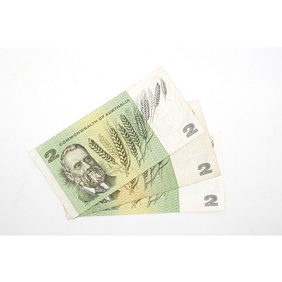 Three Australian $2 Paper Notes, Including Coombs/ Wilson FJA513033, Phillips/Wheeler GSE156200 and More