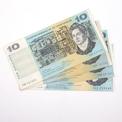 Four Australian $10 Paper Notes, Including Coombs/ Wilson SAV761342, Phillips/Wheeler TAR431234 and More
