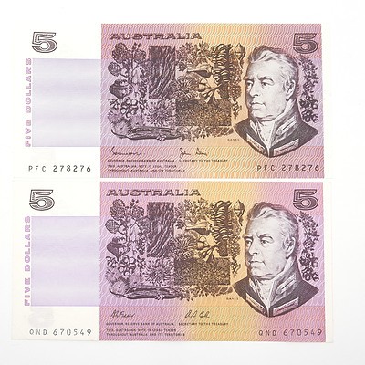 Two Australian $5 Paper Notes, Fraser/Cole QND670549 and Johnston/Stone PFC278276