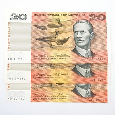 Three Commonwealth of Australia $20 Paper Notes, Including Coombs/Wilson XAF637135, Coombs/Randall XBR127779 and Phillips/Randall XEC907496