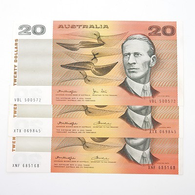 Three Australian $20 Paper Notes, Including Knight/Wheeler XNF685168, Knight/ Wheeler XTX069845 and VBL500572