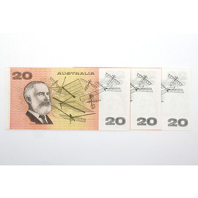Three Australian $20 Paper Notes, Including Knight/Wheeler XNF685168, Knight/ Wheeler XTX069845 and VBL500572