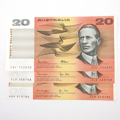 Three Australian $20 Paper Notes, Including Knight/ Stone VGP515104, Johnston/Stone VLR308768 and Johnston/ Fraser EDF732692