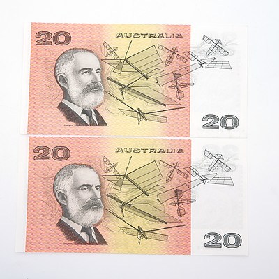 Two Australian $20 Paper Notes, Including Fraser/Cole RVP383678 and Fraser/Evans ADB645409