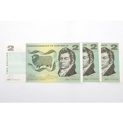 Three Consecutively Numbered $2 Phillips/ Wheeler Paper Notes, GRV719524-GRV719526