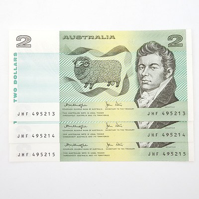 Three Consecutively Numbered Knight/ Stone $2 Paper Notes, JHF495213-JHF495215