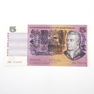 Scarce Commonwealth of Australia $5 Star Note, Coombs/Randall ZNA76582*
