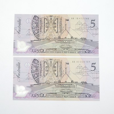 Two 1992 Cole/ Fraser $5 Polymer Notes with Dark Green Serial Numbers, AA16412740 and AA03006121