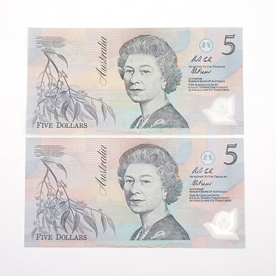 Two 1992 Cole/ Fraser $5 Polymer Notes with Dark Green Serial Numbers, AA16412740 and AA03006121