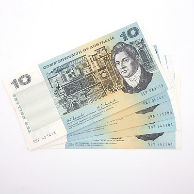 Five Commonwealth of Australia $10 Paper Notes, Including Coombs/ Wilson SBA115300, Coombs/ Randall SEP085418