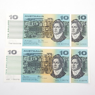 Four Australian $10 Paper Notes, Including Knight/Stone TQK243928, Johnston/ Stone TYY448099 and More