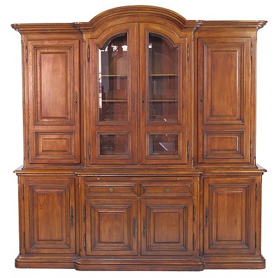 Impressive European Oak Breakfront Eight Door Cabinet with Arched Pediment, Last Half of the 20th Century