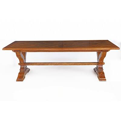 Fine Quality French Style Parquet Top Refectory Table and Ten Rush Seated Ladderback Chairs with Pegged Joints