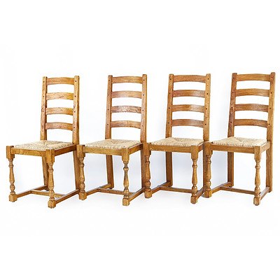 Fine Quality French Style Parquet Top Refectory Table and Ten Rush Seated Ladderback Chairs with Pegged Joints