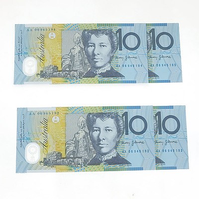 Four Consecutively Numbered Uncirculated $10 Notes, AA06945192- AA06945195