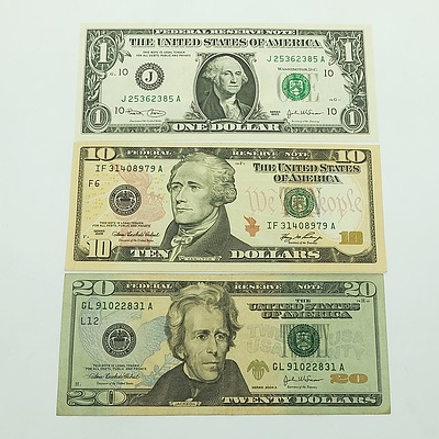 Group of American Banknotes, including $20, $10 and $1