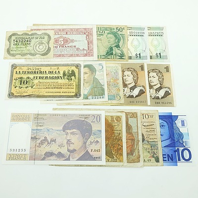 Group of International Banknotes, including Netherlands 10 Gulden, France 10 Nouveaux Francs, Two Australian $1 Notes, and More