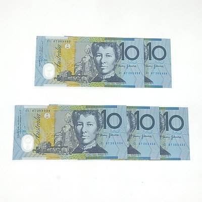 Five Consecutively Numbered Uncirculated Stevens/Henry $10 Notes, CI07263032- CI07263036
