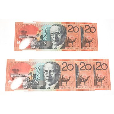Five Consecutively Numbered Uncirculated Stevens/Henry $20 Notes, BD07338309- BD07338313