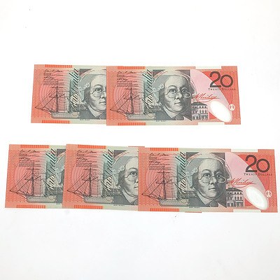 Five Consecutively Numbered Uncirculated Stevens/Henry $20 Notes, BD07338309- BD07338313