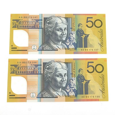 Two 2005 First Prefix Consecutively Numbered Uncirculated $50 Macfarlane / Henry Polymer Notes, AA05175107 and AA05175108