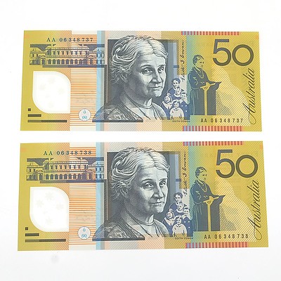 Two 2006 First Prefix Consecutively Numbered Uncirculated $50 Macfarlane / Henry Polymer Notes, AA06348737 and AA06348738