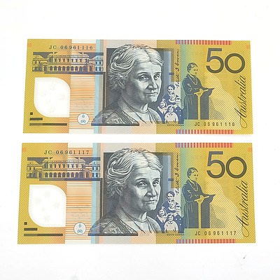 Two 2006 Last Prefix Consecutively Numbered Uncirculated $50 Macfarlane / Henry Polymer Notes, JC06961116 and JC06961117