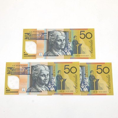 Three 2006 Consecutively Numbered Uncirculated $50 Stevens/ Henry Polymer Notes, AB07820087-AB07820089