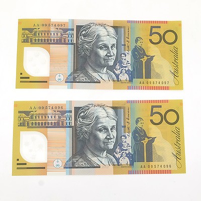 Two 2009 First Prefix Consecutively Numbered Uncirculated $50 Stevens/ Henry Polymer Notes, AA09574096 and AA09574097