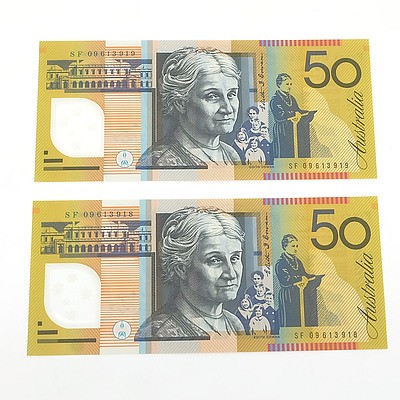 Two 2009 Last Prefix Consecutively Numbered Uncirculated $50 Stevens/ Henry Polymer Notes, SF09613918 and SF09613919