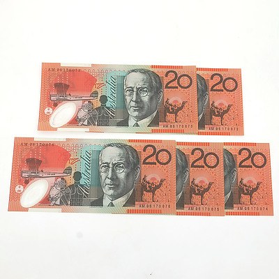 Five 2006 Consecutively Numbered Uncirculated $20 Macfarlane / Henry Polymer Notes, AM06170072 - AM06170076