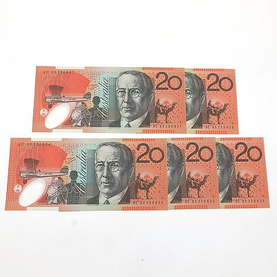 Five 2006 Consecutively Numbered Uncirculated $20 Macfarlane / Henry Polymer Notes, AC05250624- AC05250628