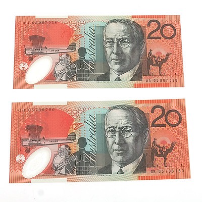 2005 First and Last Prefix Uncirculated $20 Macfarlane / Henry Polymer Notes, AA05967038 and GB05708780