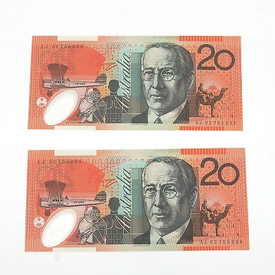 Two 2002 Consecutively Numbered Uncirculated $20 Macfarlane / Henry Polymer Notes, AJ02755033 and AJ02755034