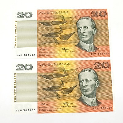Two Consecutively Numbered Uncirculated $20 Fraser/ Higgins Paper Notes, RDU383532 and RDU383533