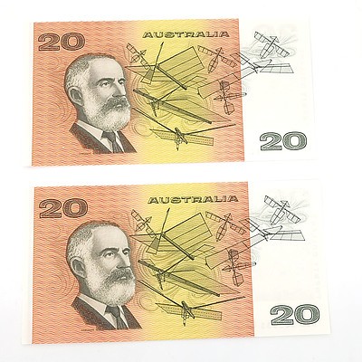 Two Consecutively Numbered Uncirculated $20 Fraser/ Higgins Paper Notes, RDU383532 and RDU383533