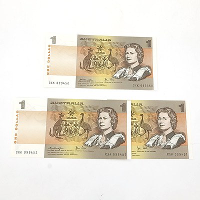 Three Consecutively Numbered Uncirculated $1 Knight / Stone Notes, CXK099450 - CXK099452