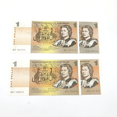 Four Uncirculated $1 Notes, Including Phillips/Wheeler BLE907372 and Coombs/Wilson ADQ391963