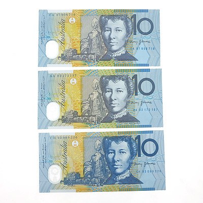 Three Uncirculated $10 Polymer Notes, Including 2002 First Prefix  AA02172157