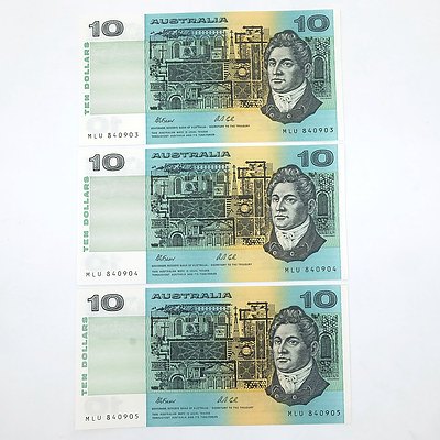 Three Consecutively Numbered Uncirculated $10 Fraser/ Cole Paper Notes, MLU340903- MLU340905