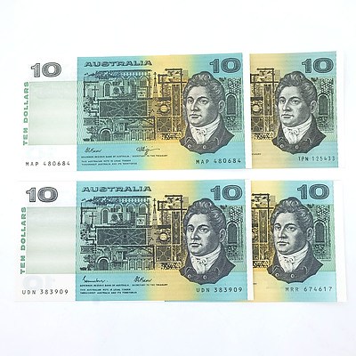 Four Uncirculated $10 Paper Notes, Including Knight/Stone TPN125433 and Fraser/Cole MRR674617