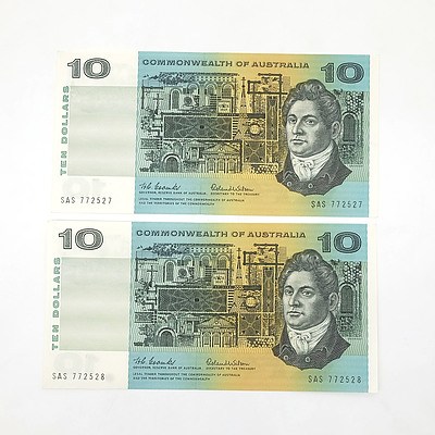 Two Consecutively Numbered Uncirculated $10 Coombs/ Wilson Paper Notes, SAS772527- SAS772528