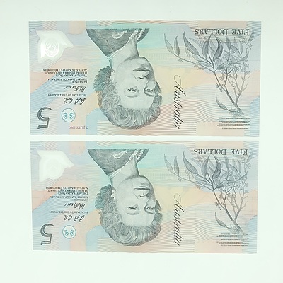 Two Uncirculated 1992 Cole /Fraser $5 Polymer Notes, Medium to Dark Green Serial Number
