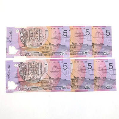 Six Uncirculated $5 Notes, Including Red Serial HK97988874 and Consecutively Numbered 1988 Pair EA98801059 and EA98801060
