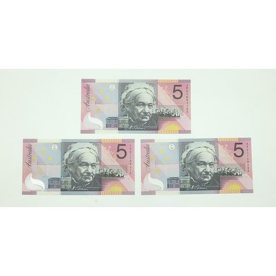 Three Uncirculated 2001 Centenary of Federation $5 Notes, Including First and Last Prefix