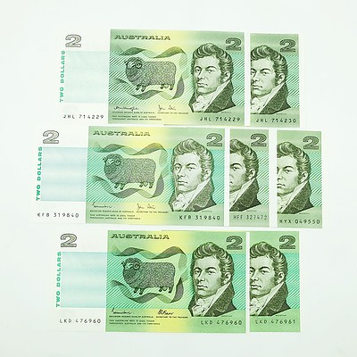 Seven Uncirculated Australian $2 Paper Notes, Including Phillips/ Wheeler HFF327472 and Two Pairs of Consecutively Numbered Notes