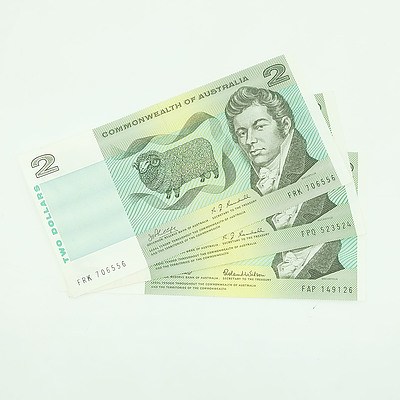 Three Commonwealth of Australia $2 Notes, Including Coombs/ Wilson FAP149126, Coombs/ Randall FPQ523524 and Phillips/ Randall FRK706556