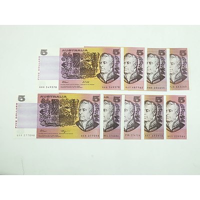Nine Australian $5 Notes, Including Phillips/ Randall NFL516086, Johnston/Fraser PYK274724 and More